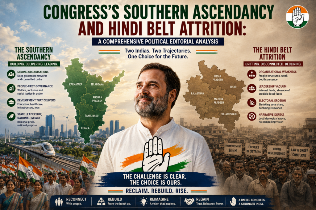 Congress’s Southern Ascendancy and Hindi Belt Attrition: A Comprehensive Political Editorial Analysis